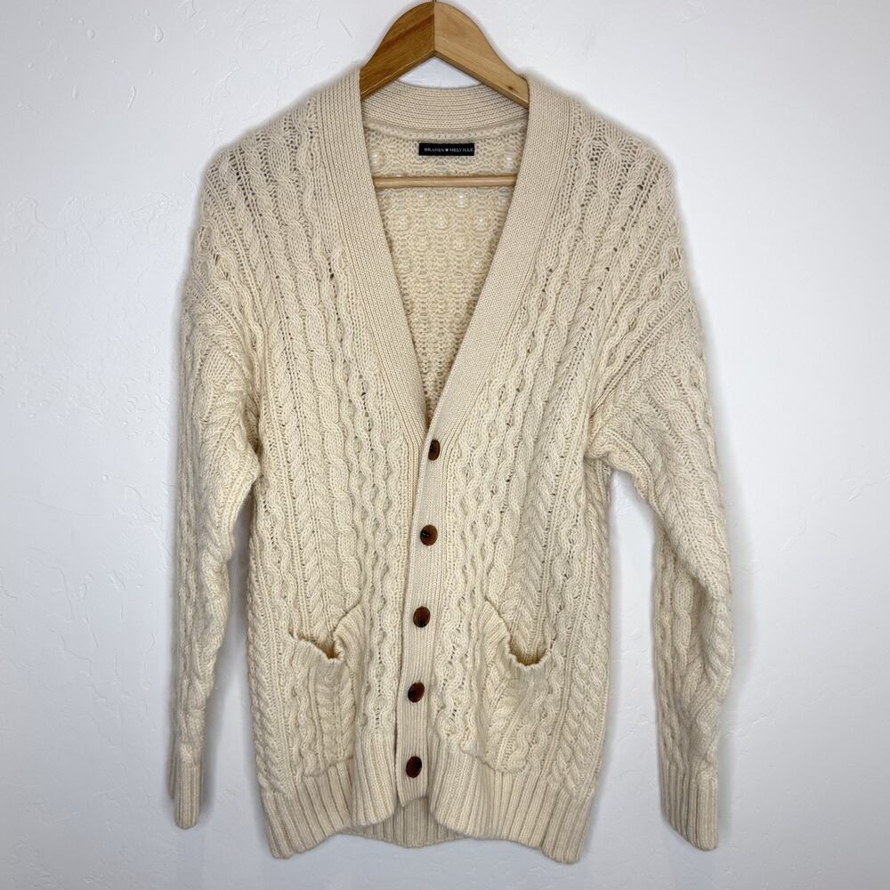 Brandy Melville Wool Cable Knit Chunky Fisherman Cardigan Sweater Womens Cream